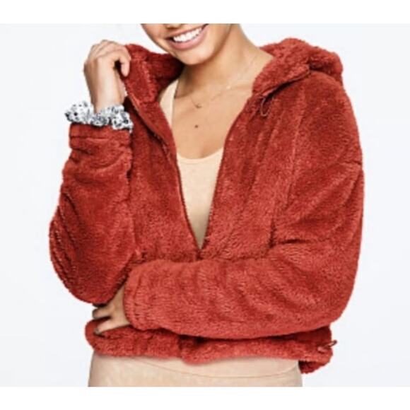 PINK Victoria's Secret Burnt Orange‎ Sherpa Fleece Full Zip Hoodie Jacket Medium - Picture 1 of 8